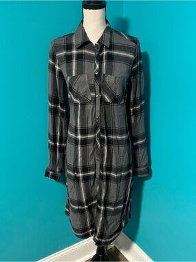NWT Maurices S Gray Black Plaid Long Sleeve Button Down Shirt Dress